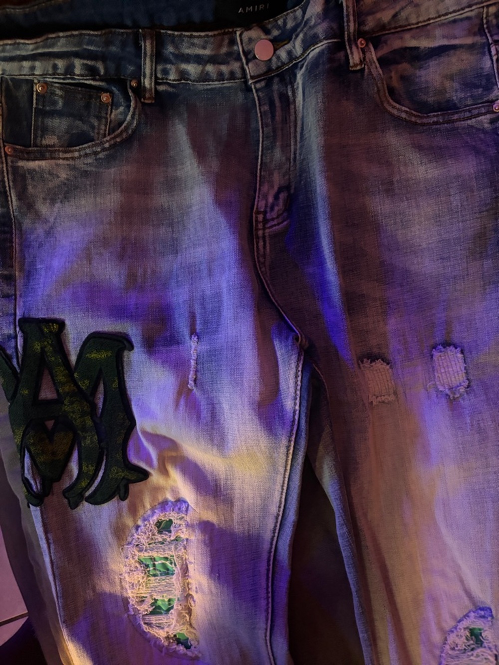 AMIRI Blue Washed Denim Jeans with Green Patch